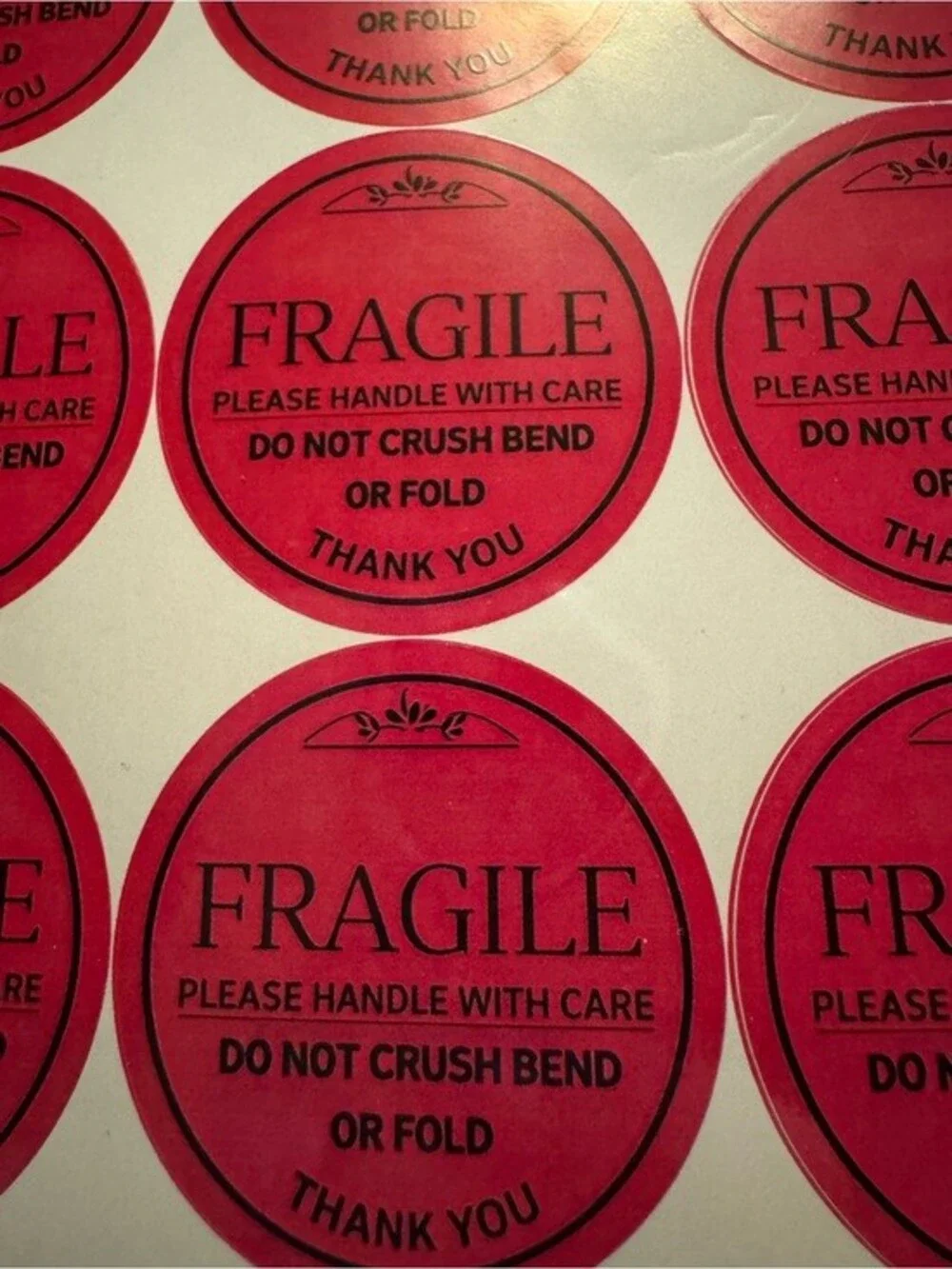 ★ 48 Fragile Thank You Warning Stickers Round Red Shipping Labels